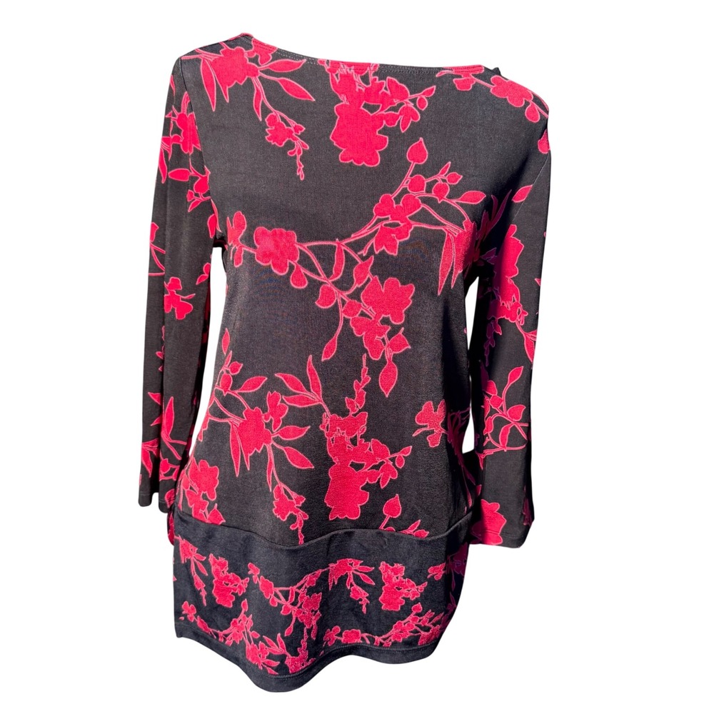 Chicos Travelers Floral Tunic Top Black Pink Boat Neck 3/4 Sleeve Size 00‎ XS